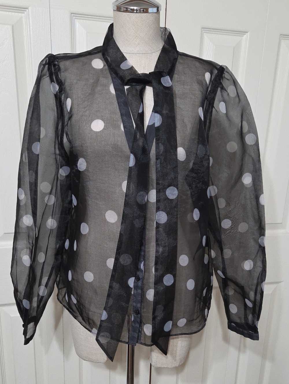 White House Black Market Black Sheer Polka Dot Tie-Front Blouse